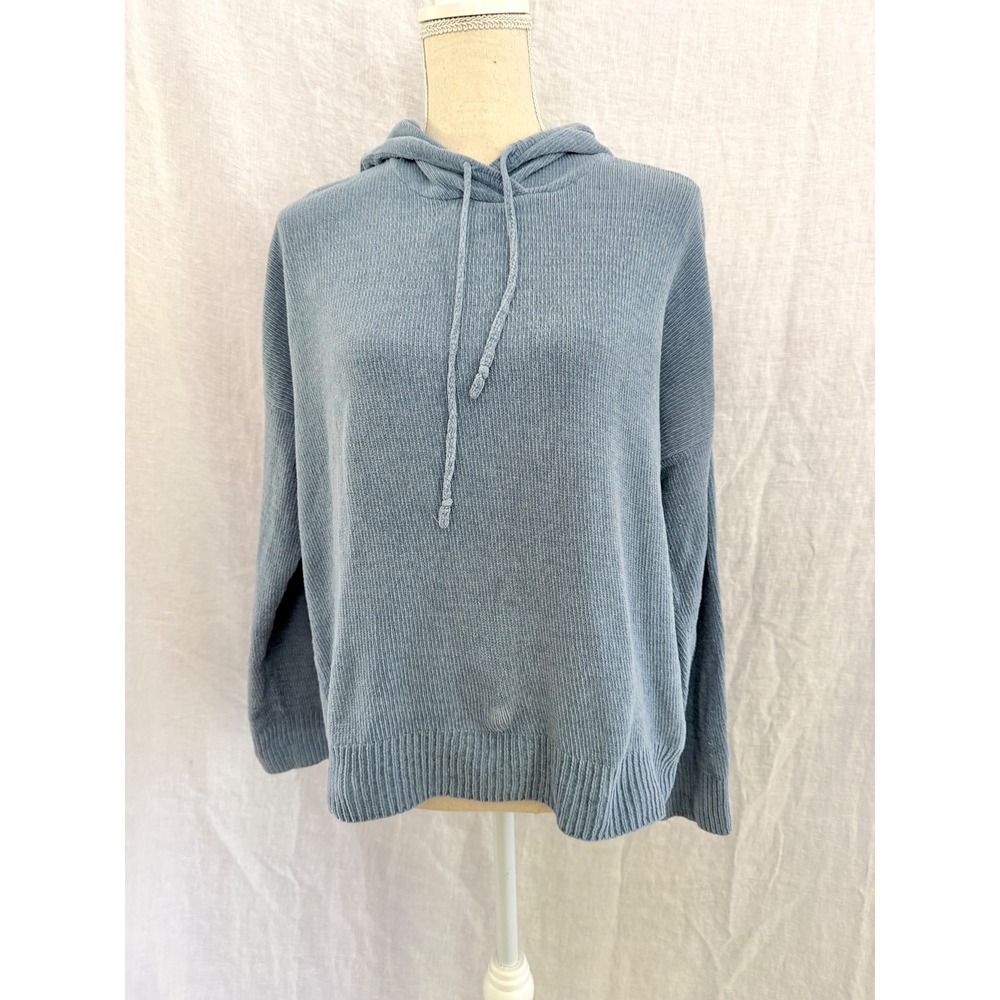 Eileen Fisher Hoodie Women Blue Organic Cotton Ribbed Knit Sweater Large